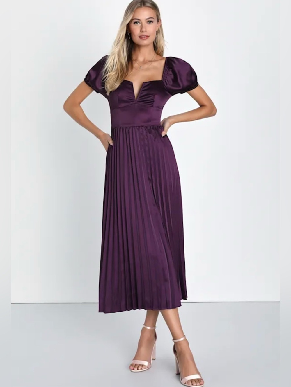 Lulus Purple Puff-Sleeve Pleated Midi Dress - Women - Picture 1 of 3